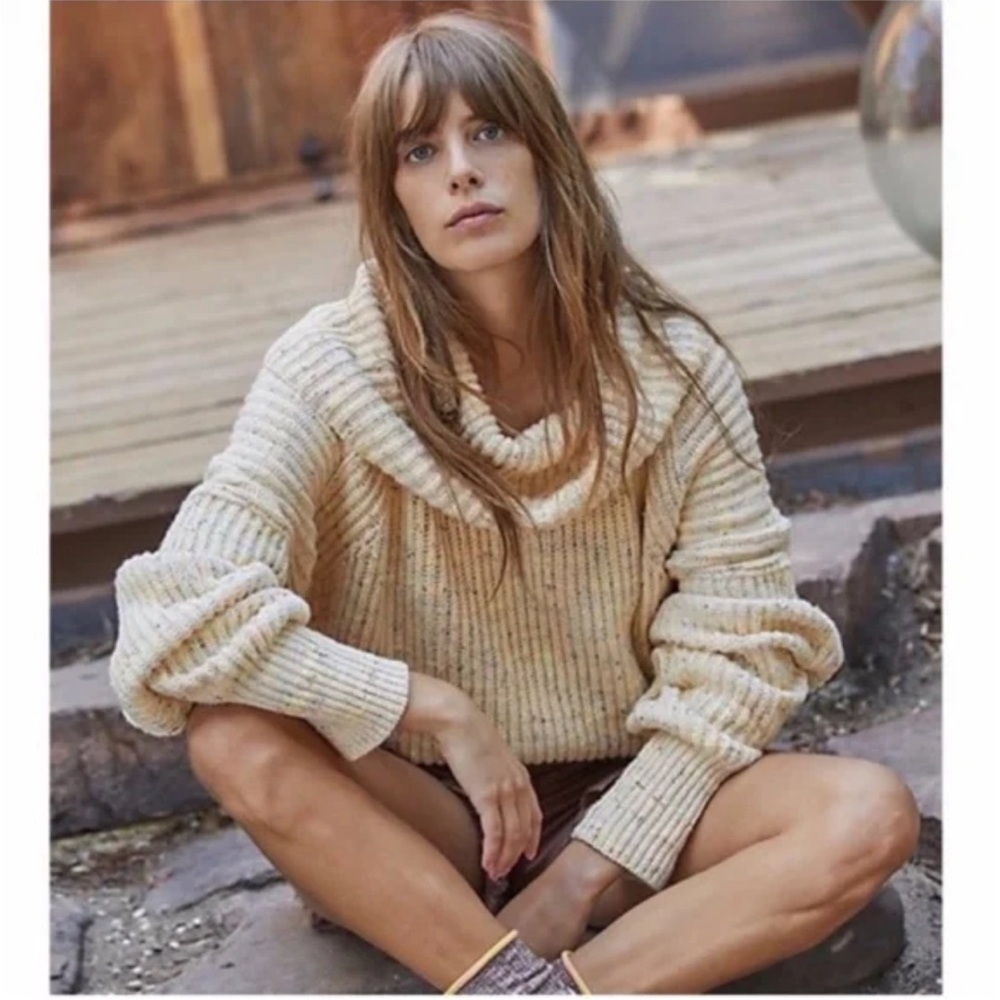 Free People Sassy Peach Combo Long Sleeve Cowlneck Sweater Cozy Knitwear, Small